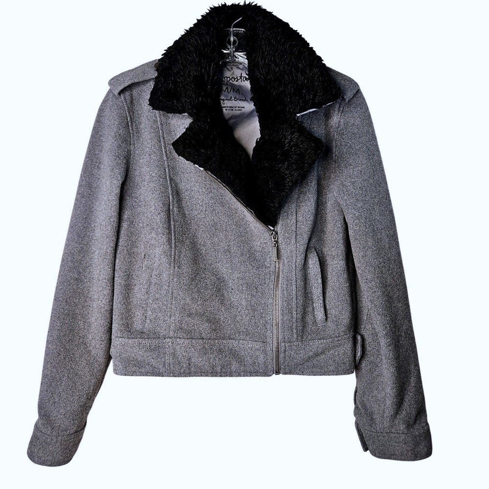 Aeropostale Gray Faux Fur Trim Moto Jacket Medium Biker Asymmetrical Zip Coat